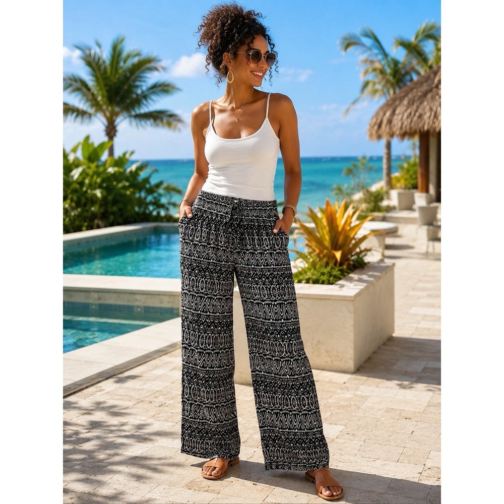 Old Navy Soft Wide Leg Pants Womens L Black Geometric Print Pull On Boho